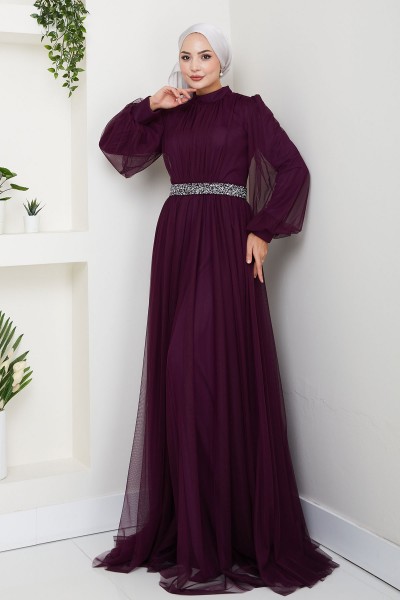 Taş Detaylı Büyük Beden Tesettür Abiye Alya - Mürdüm